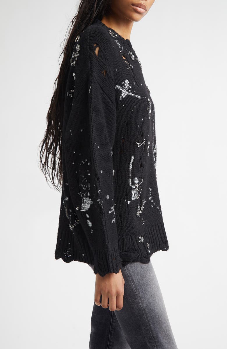 R13 Oversize Safety Pin Embellished Merino Wool Sweater, Alternate, color, Black With Crystals And Pins