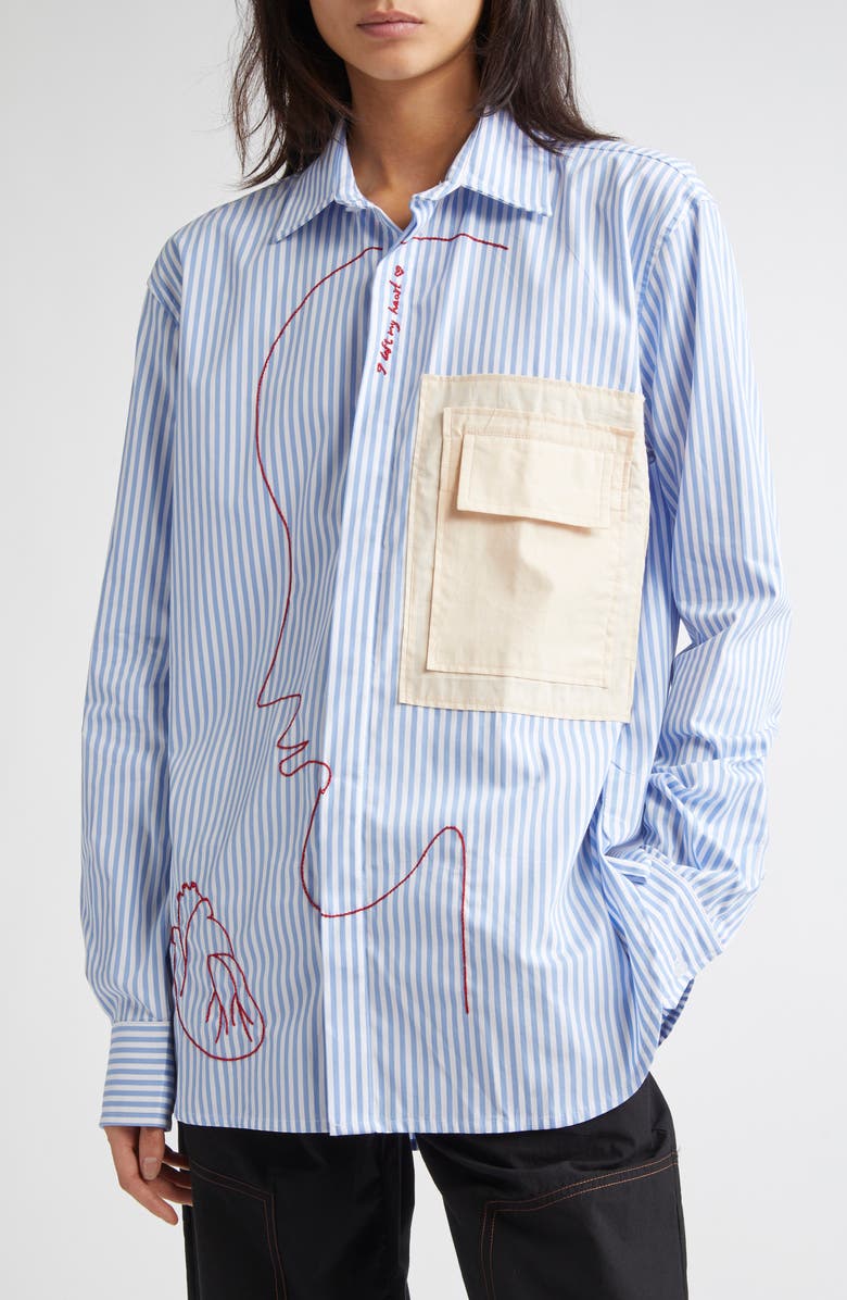 KÚR I Left My Heart Hand-Embroidered Stripe Button-Up Shirt, Alternate, color, 