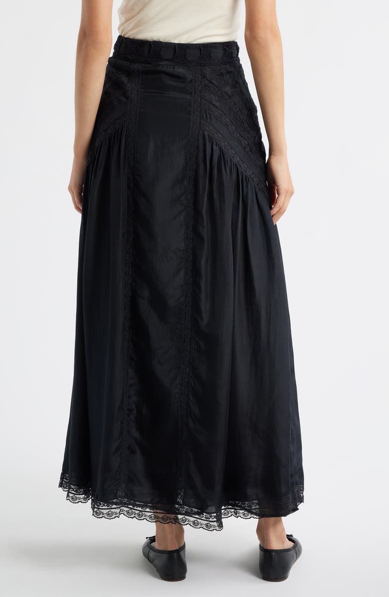 LoveShackFancy Beloria Lace Trim Silk Maxi Skirt, Alternate, color, Black