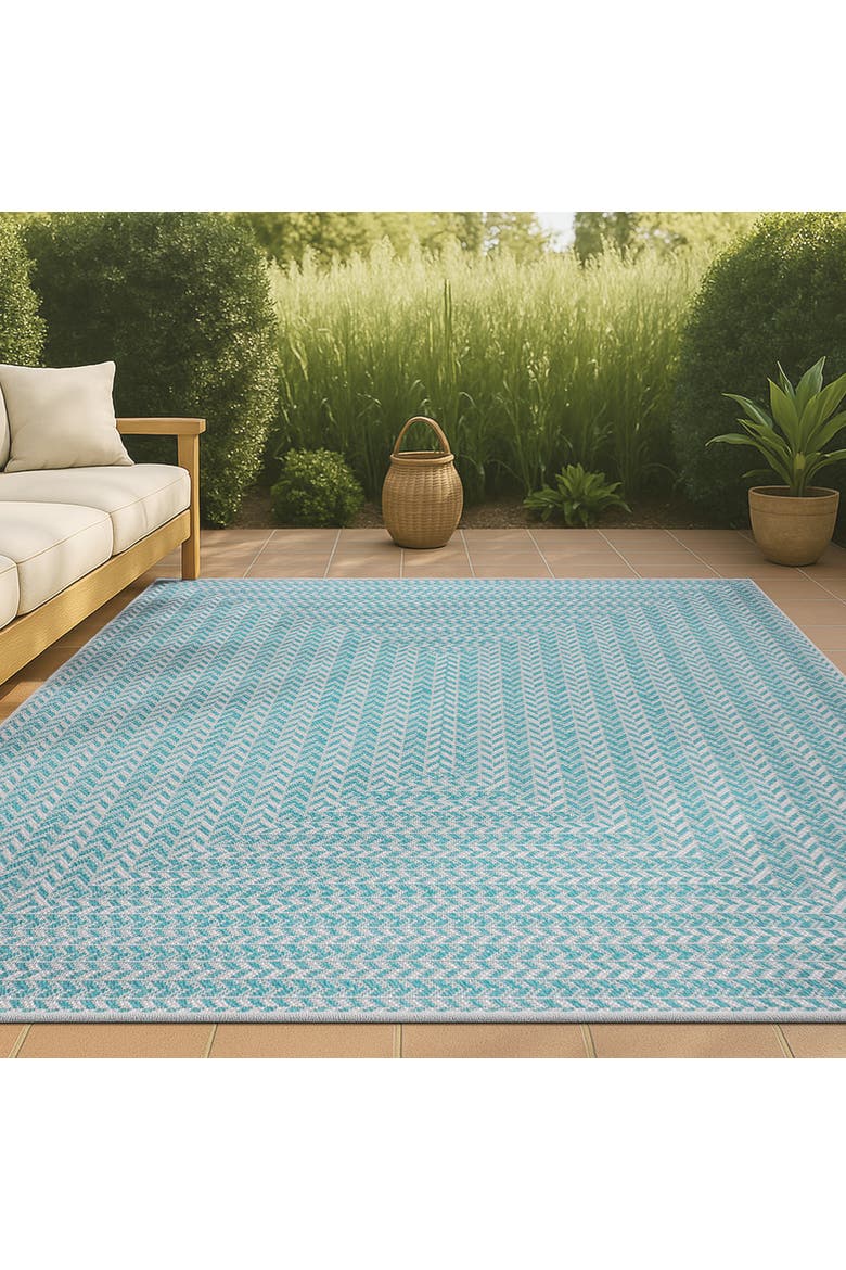 Chevron Modern Concentric Squares Indoor/Outdoor Area Rug, Alternate, color, Aqua/Light Gray