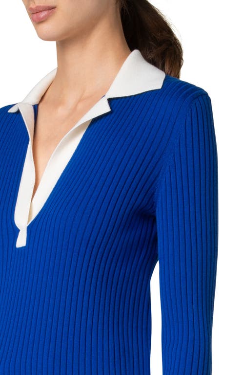 Akris Punto Colorblock Long Sleeve Virgin Merino Wool Rib Polo Sweater In Royal-cream