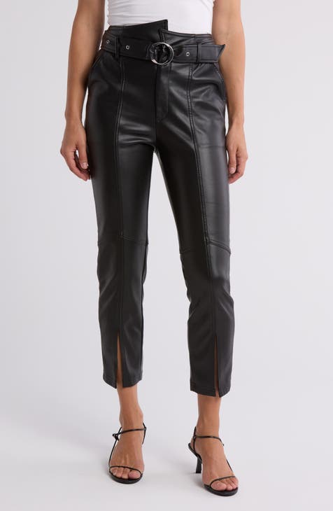 Asymmetric Belted Faux Leather Pants