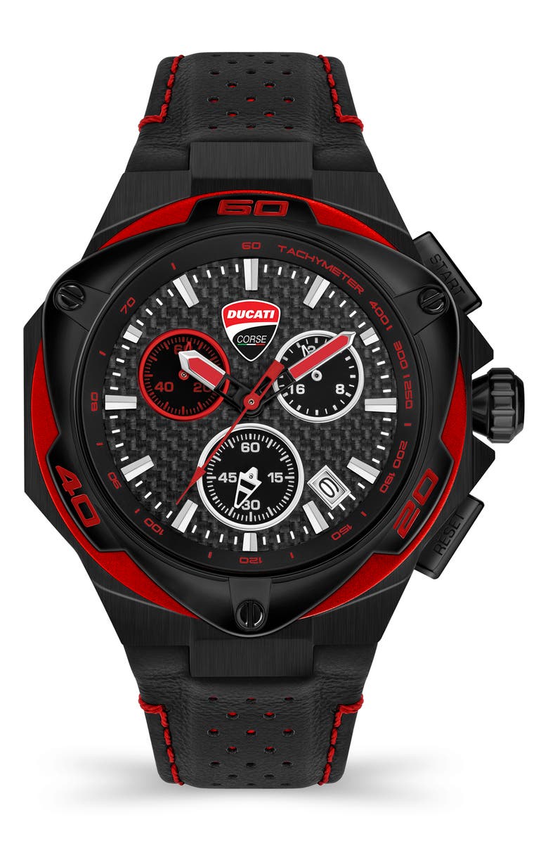 Ducati Corse Motore Chronograph Leather Strap Watch, 49mm, Main, color, 