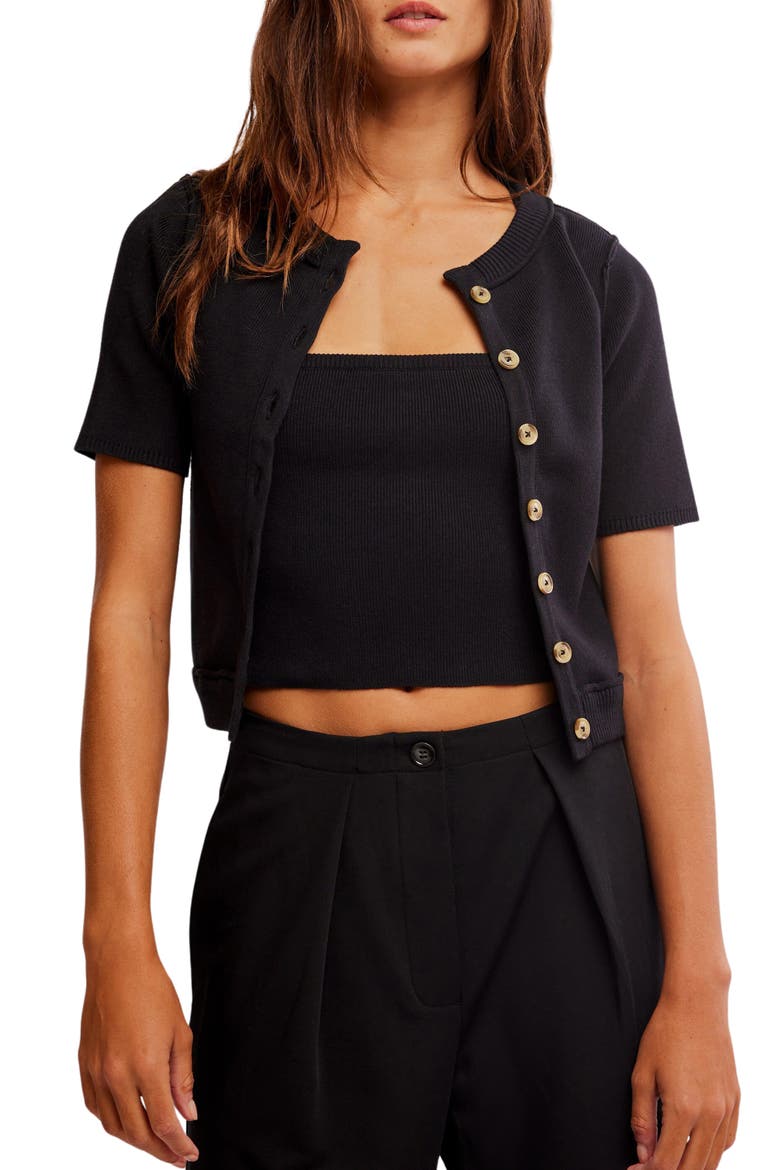 Twosie Cotton Blend Rib Cardigan & Tank Set, Main, color, BLACK