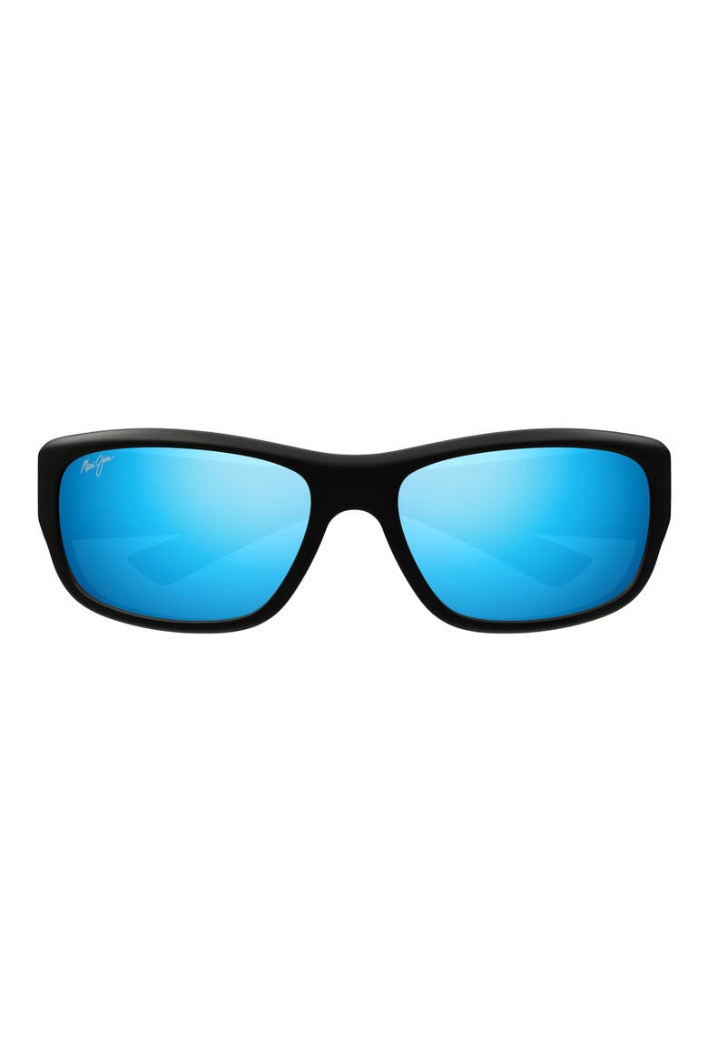 Mauklele 64mm PolarizedPlus2® Wraparound Rectangular Sunglasses, Main, color, MATTE BLACK/ BLUE HAWAII