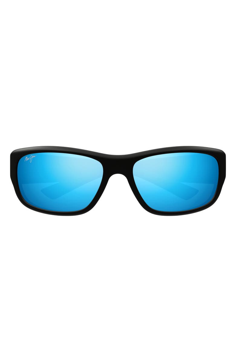 Maui Jim Mauklele 64mm PolarizedPlus2<sup>®</sup> Wraparound Rectangular Sunglasses, Main, color, Matte Black/ Blue Hawaii