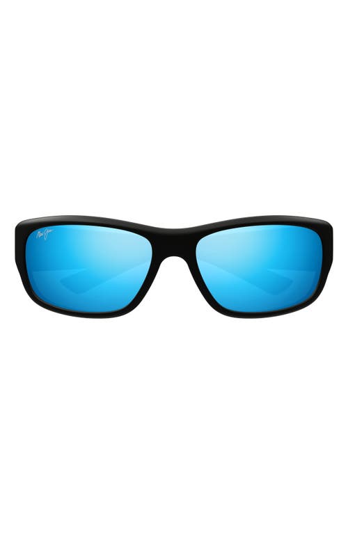 Maui Jim Mauklele 64mm Polarizedplus2® Wraparound Rectangular Sunglasses In Matte Black/blue Hawaii