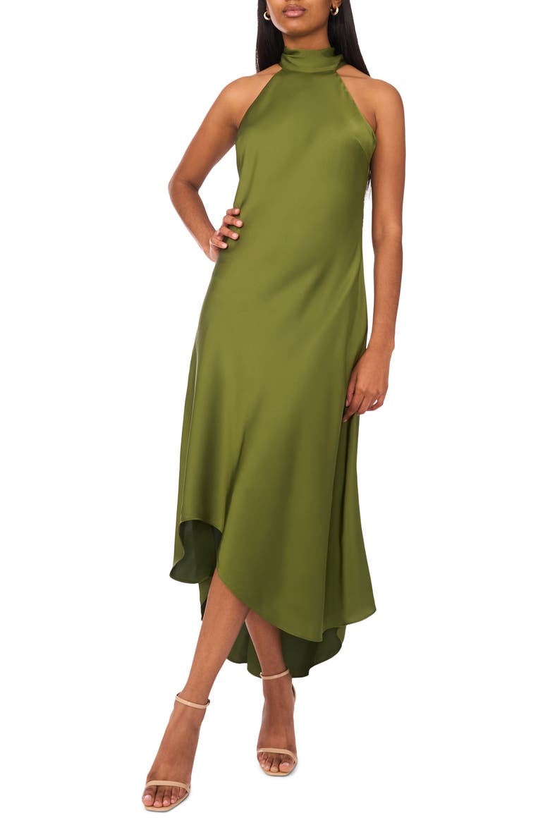 Tie Back Sleeveless High/Low Satin Gown, Main, color, CEDAR GREEN
