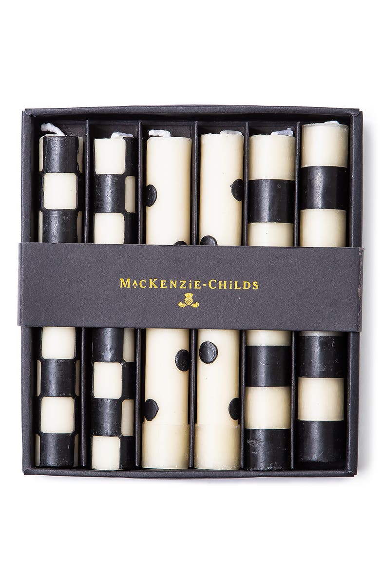 MACKENZIE CHILDS Set of 6 Black Dinner Candles, Alternate, color, Black/ Ivory