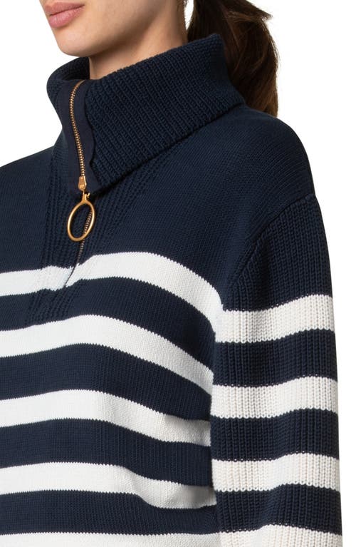 Akris Punto Stripe Maxi Collar Cotton Knit Sweater In Navy-cashew