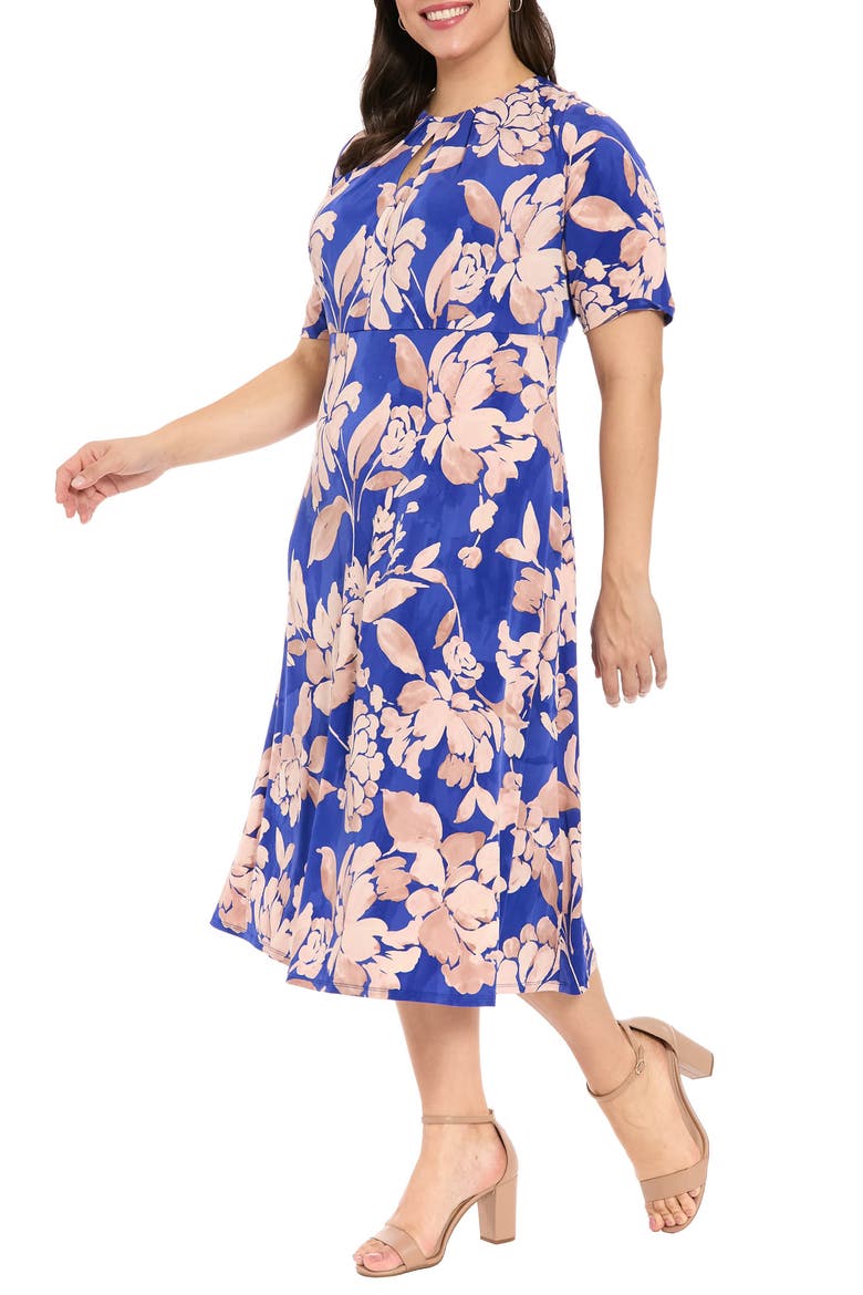 Floral Print Keyhole Midi Dress, Alternate, color, NAVY/ TAN