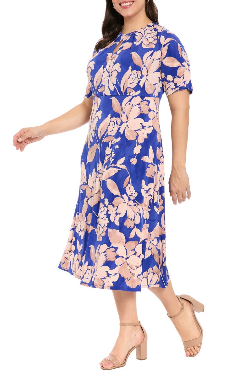 London Times Floral Print Keyhole Midi Dress, Alternate, color, Navy/ Tan
