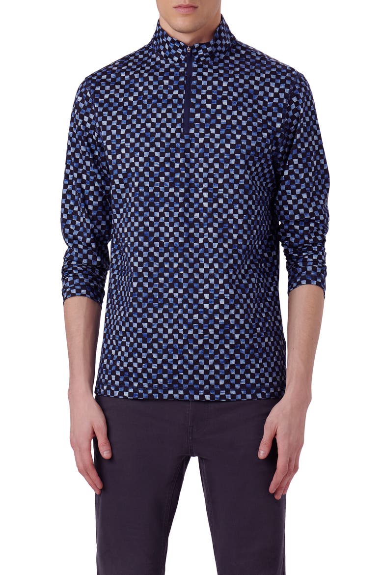 Anthony OoohCotton® Warped Check Print Quarter Zip Pullover, Main, color, NAVY