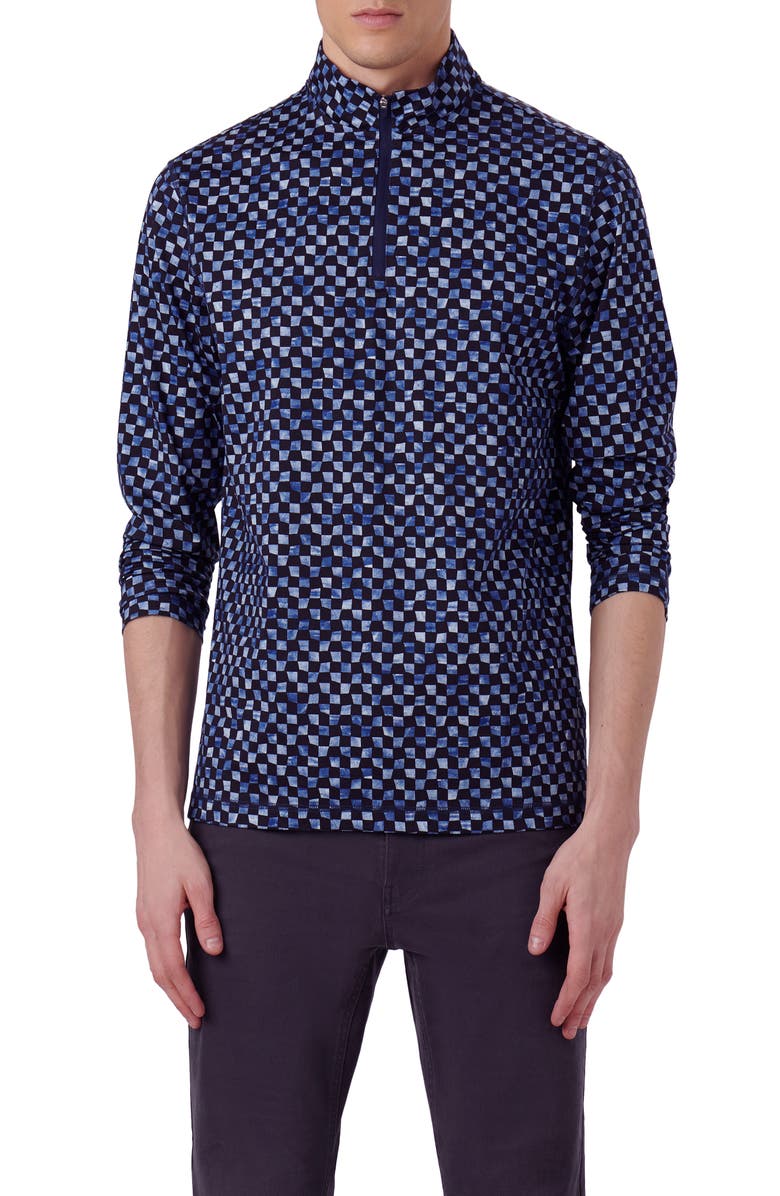 Bugatchi Anthony OoohCotton<sup>®</sup> Warped Check Print Quarter Zip Pullover, Main, color, Navy