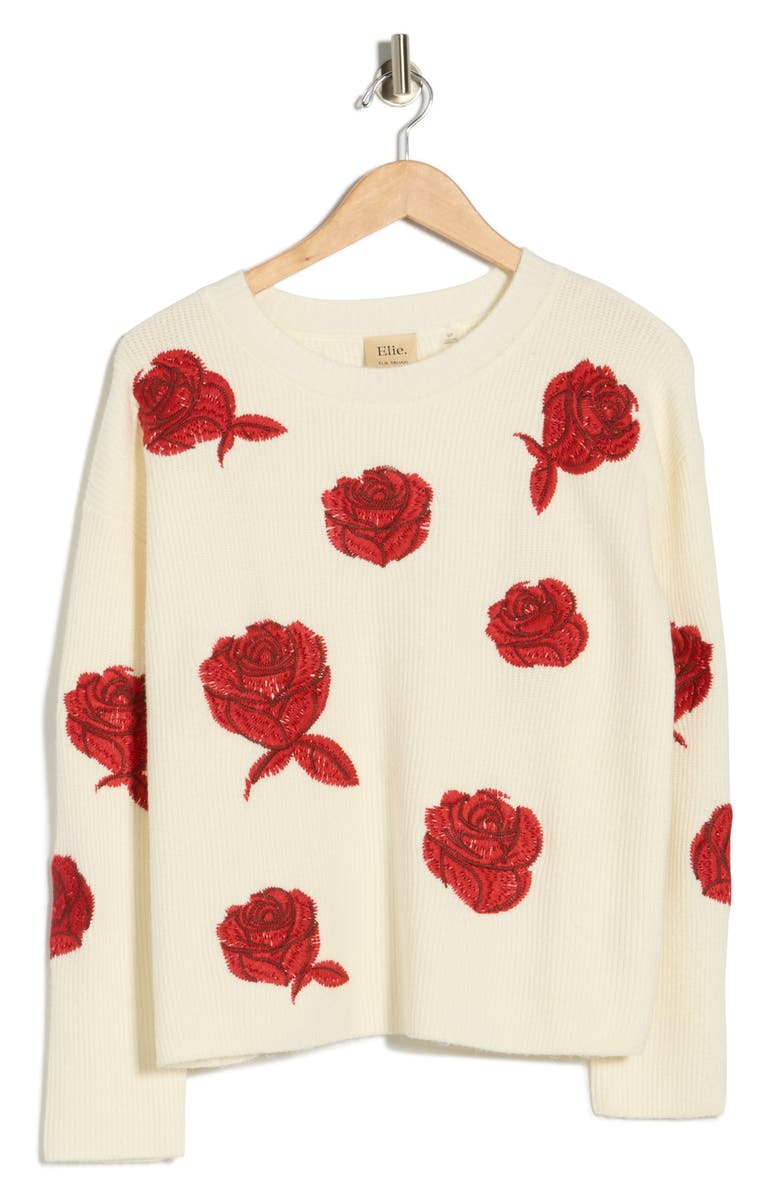 Elie Tahari Embroidered Rose Sweater, Alternate, color, Ivory/ Red