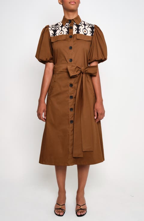 Pompon Contrast Detail Stretch Cotton Shirtdress