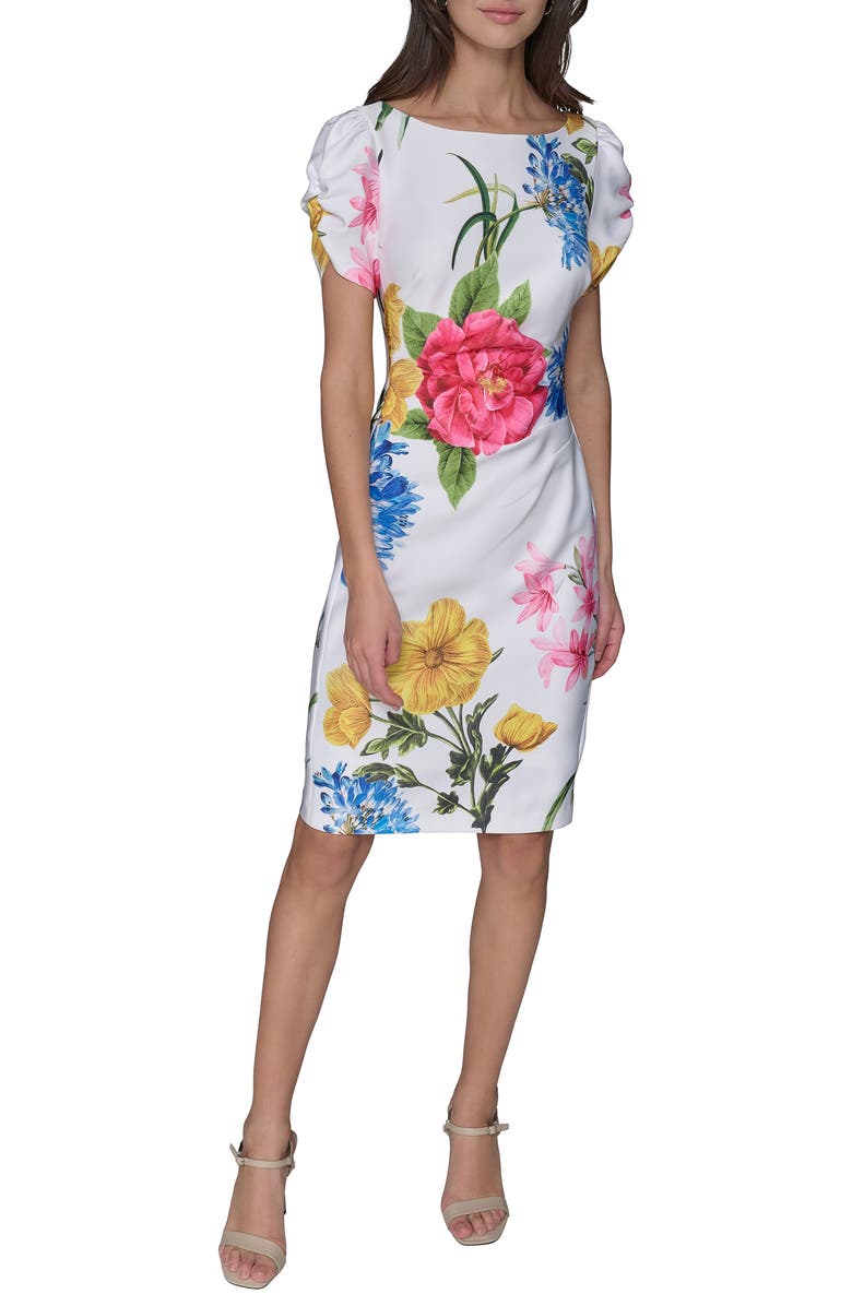 KARL LAGERFELD PARIS Printed Scuba Sheath Dress, Main, color, Soft White Multi