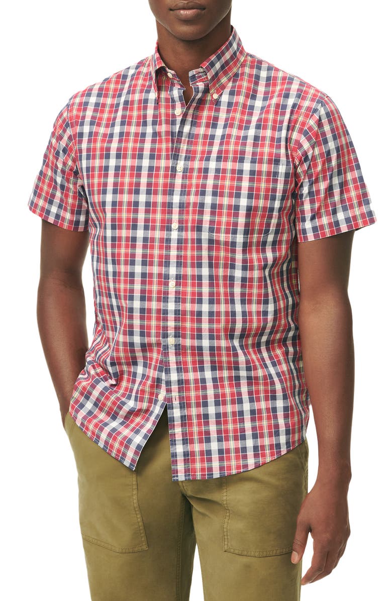 Brooks Brothers Friday Plaid Short Sleeve Cotton Poplin Button-Down Shirt, Main, color, 