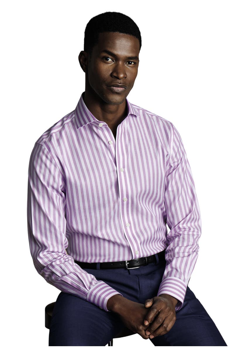 Charles Tyrwhitt Wide Stripe Non-Iron Twill Cutaway Slim Fit Shirt Single Cuff, Alternate, color, Lilac Purple