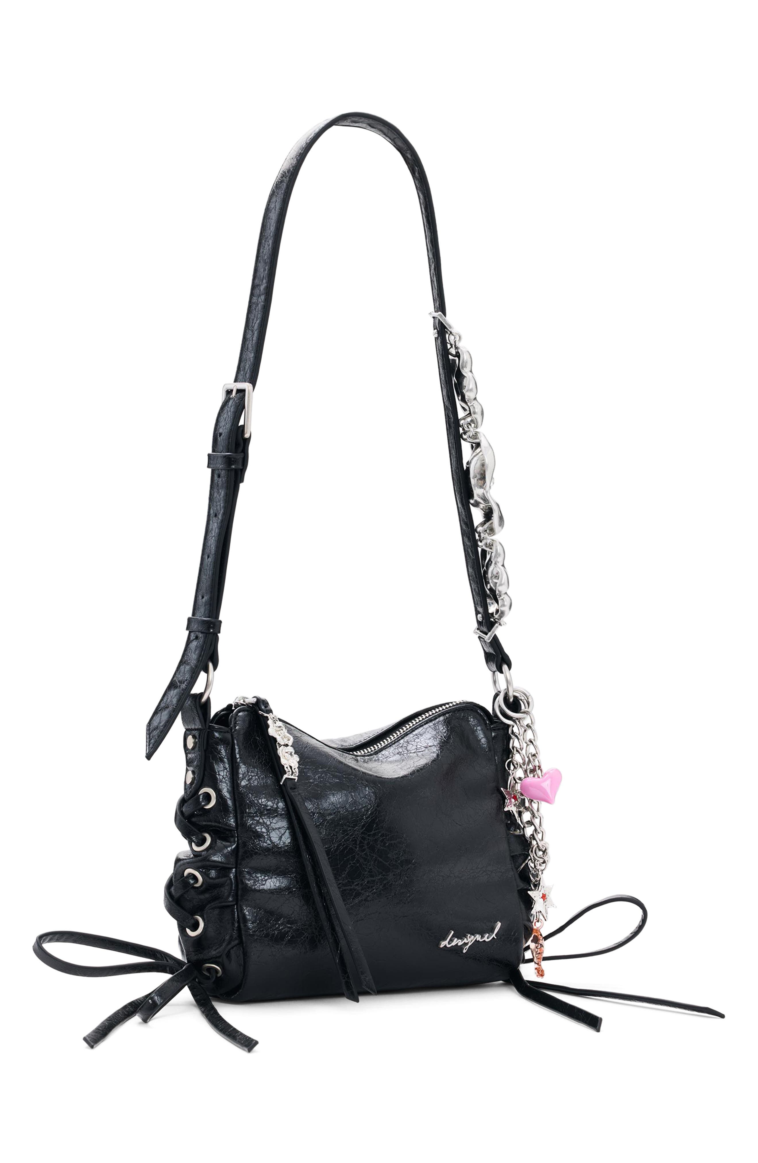 Large Charm Detail Faux Leather Crossbody Bag, Alternate, color, BLACK