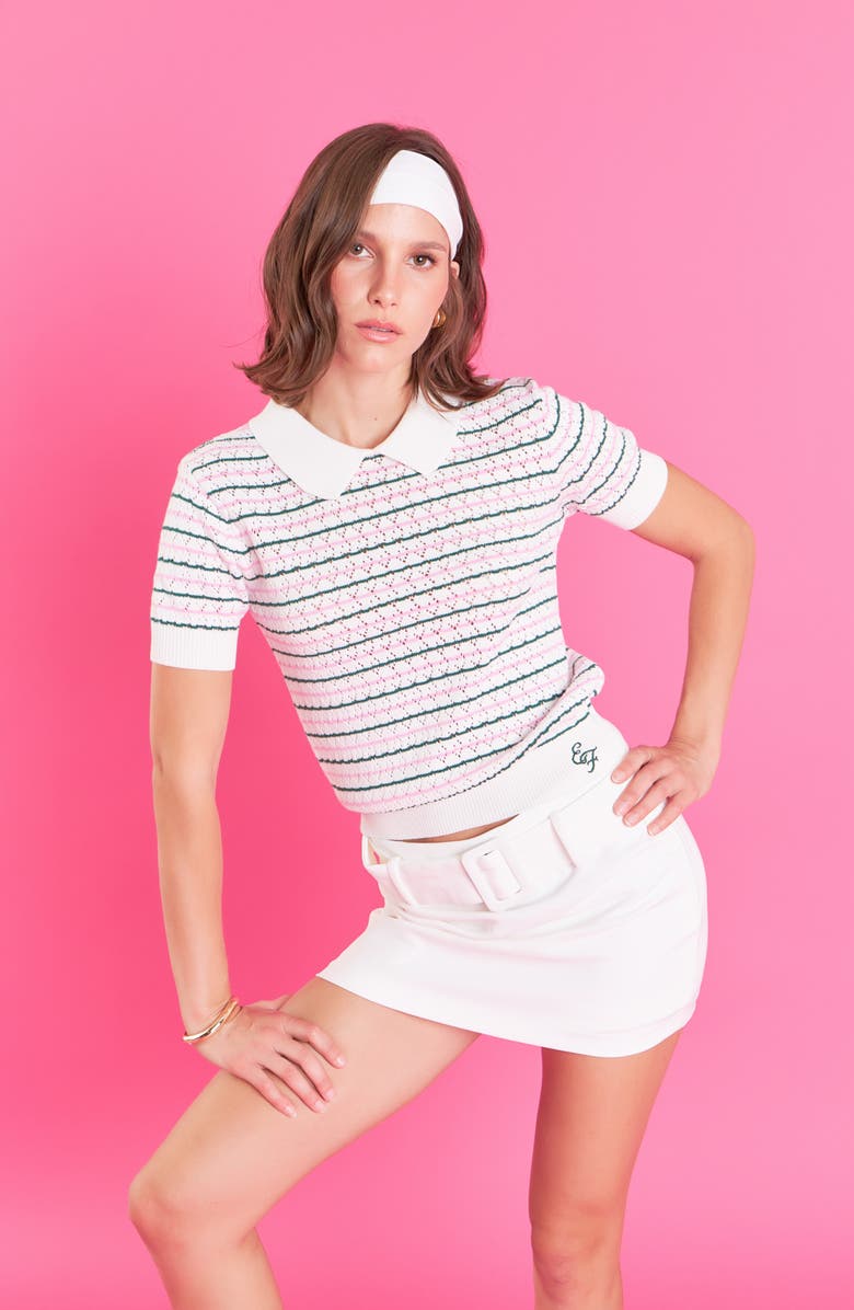 English Factory Sports Club Stripe Pointelle Short Sleeve Sweater, Alternate, color, 