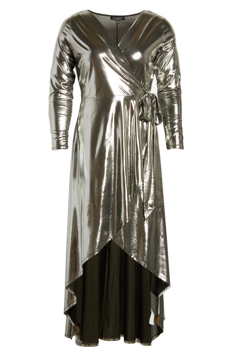 ELOQUII Metallic Long Sleeve Jersey Wrap Maxi Dress, Alternate, color,