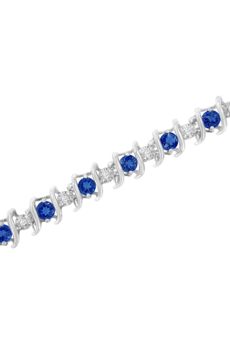 .925 Sterling Silver Lab-Grown Birthstone and 1/6 Cttw Diamond Tennis Bracelet, Alternate, color, Blue Sapphire