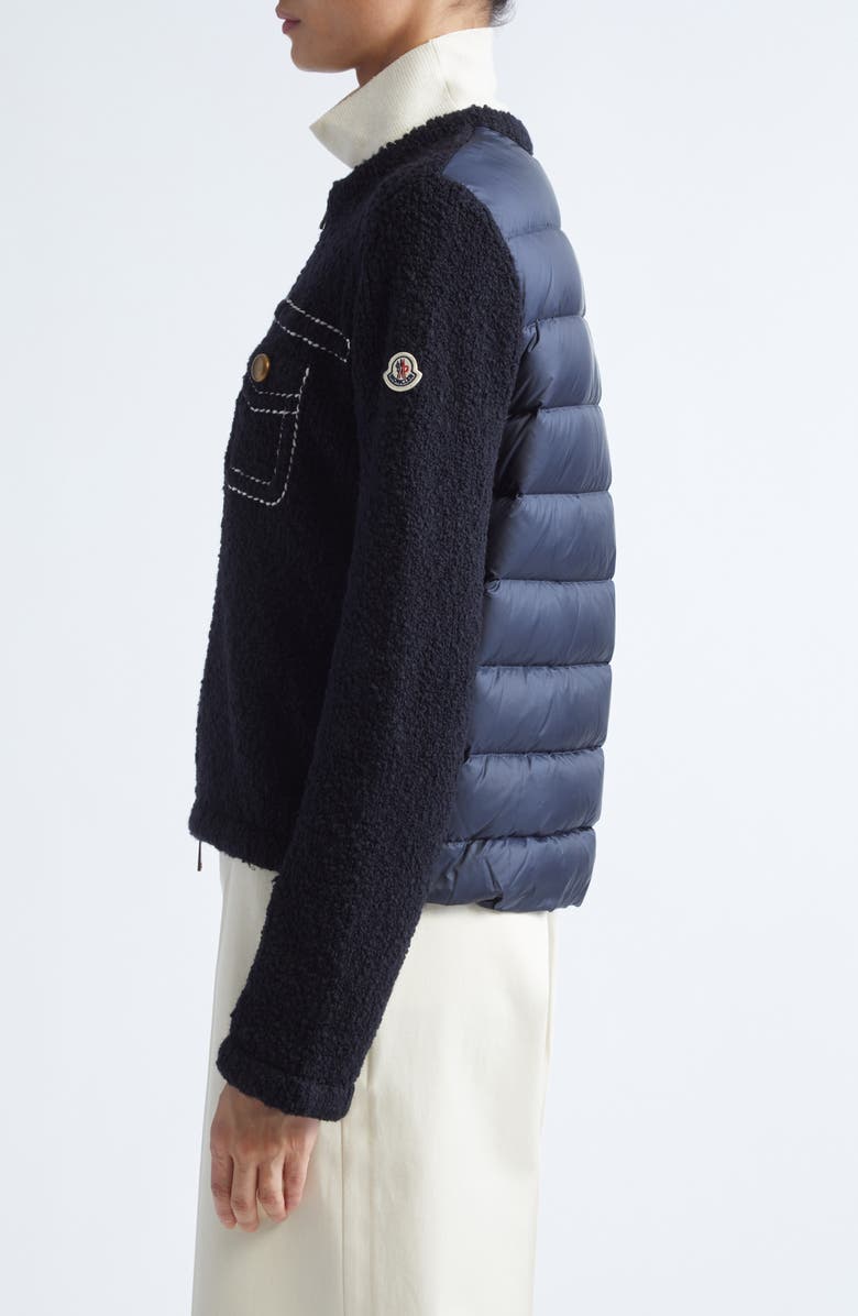 Moncler Trompe l'Oeil Bouclé Knit & Down Cardigan, Alternate, color, Navy Blue