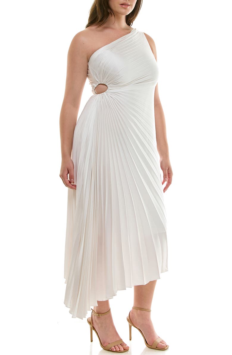 Nicole Miller One Shoulder Pleat Midi Dress, Alternate, color, Cloud Dancer