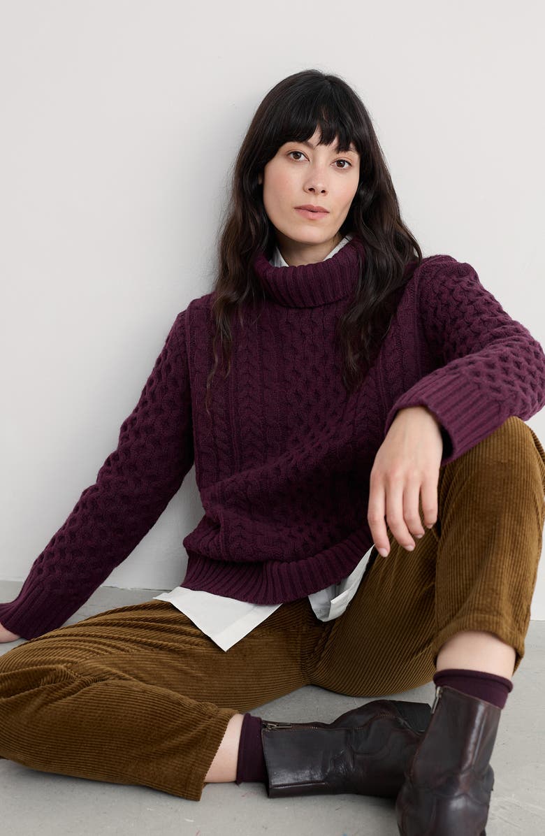 Seasalt Cornwall Pine Forest Cable Turtleneck Merino Wool Sweater, Alternate, color, Knit Melange Dark Hellebore