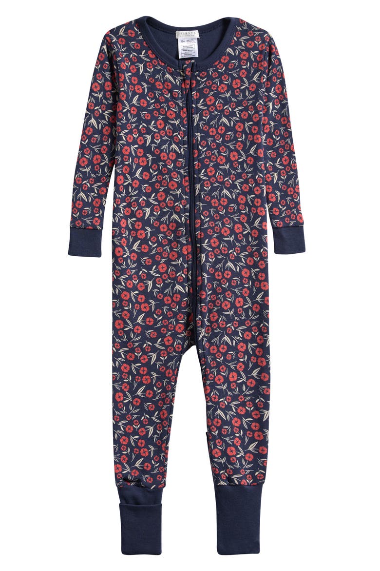 Poppy Floral Print Fitted Footie Pajamas, Main, color, NAVY
