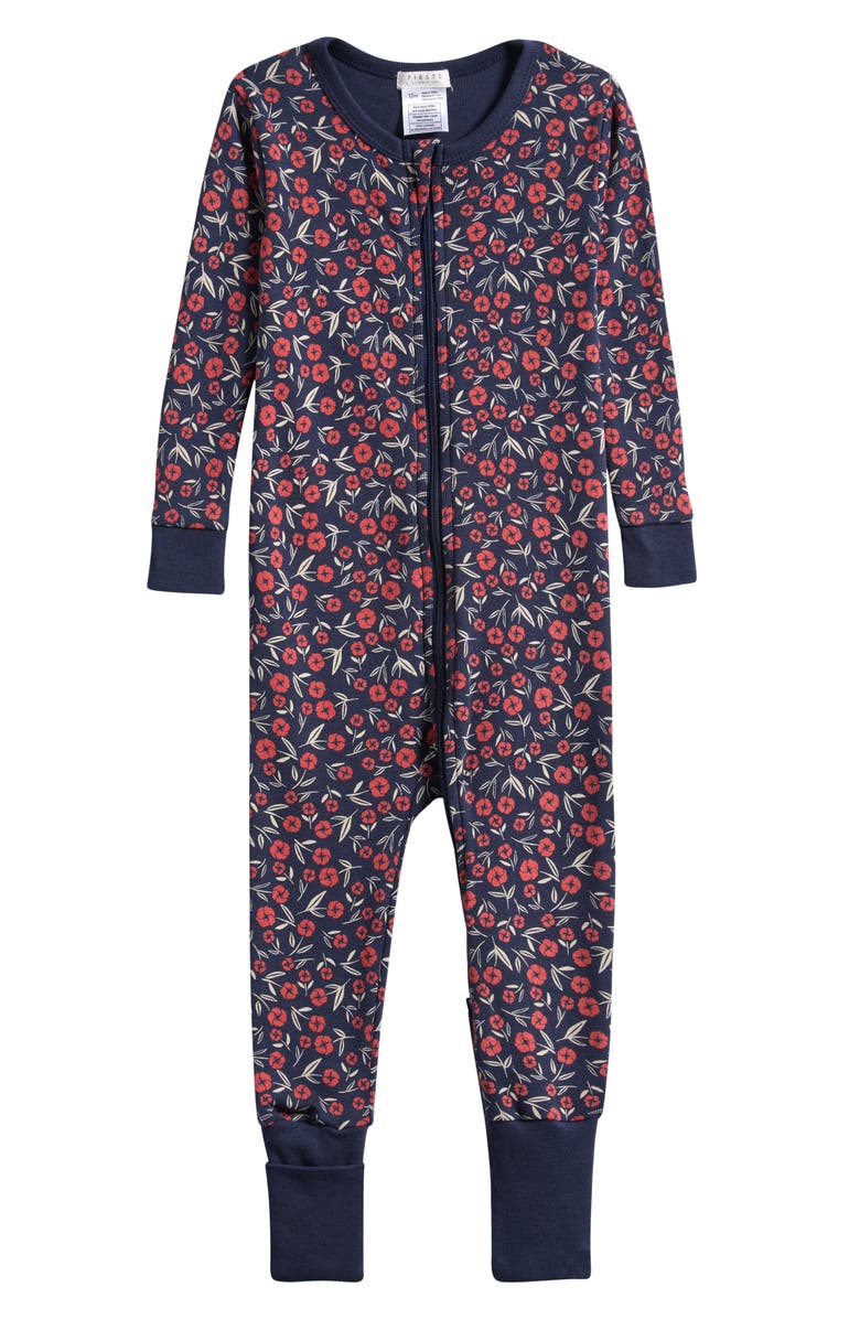 FIRSTS by Petit Lem Poppy Floral Print Fitted Footie Pajamas, Main, color, Navy