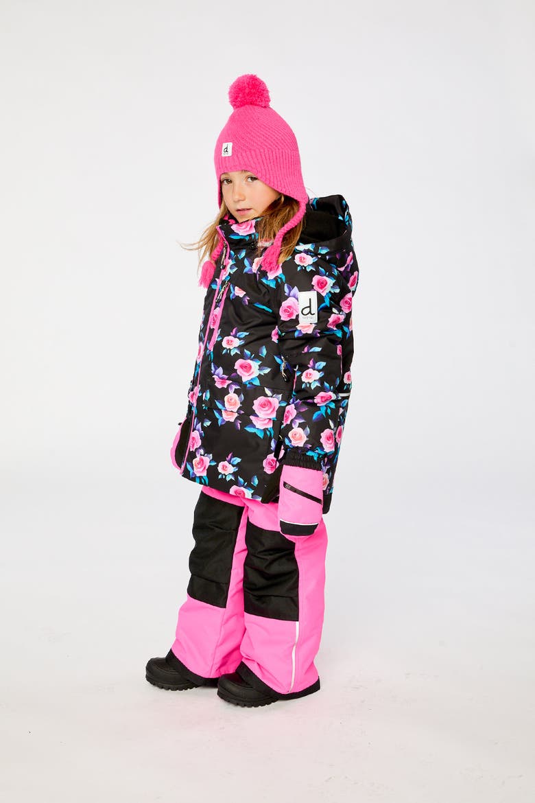 Floral Jacket & Foot Strap Pants Two Piece Snowsuit, Alternate, color, Black Printed