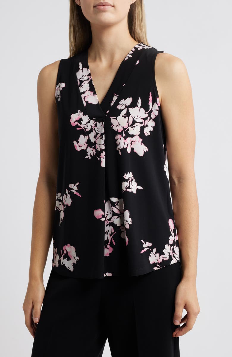 Anne Klein Floral Print Pleat Neck Shell, Main, color, 