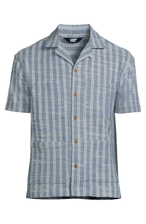 Lands' End Short Sleeve Textured Jacquard Camp Collar Shirt In Blue