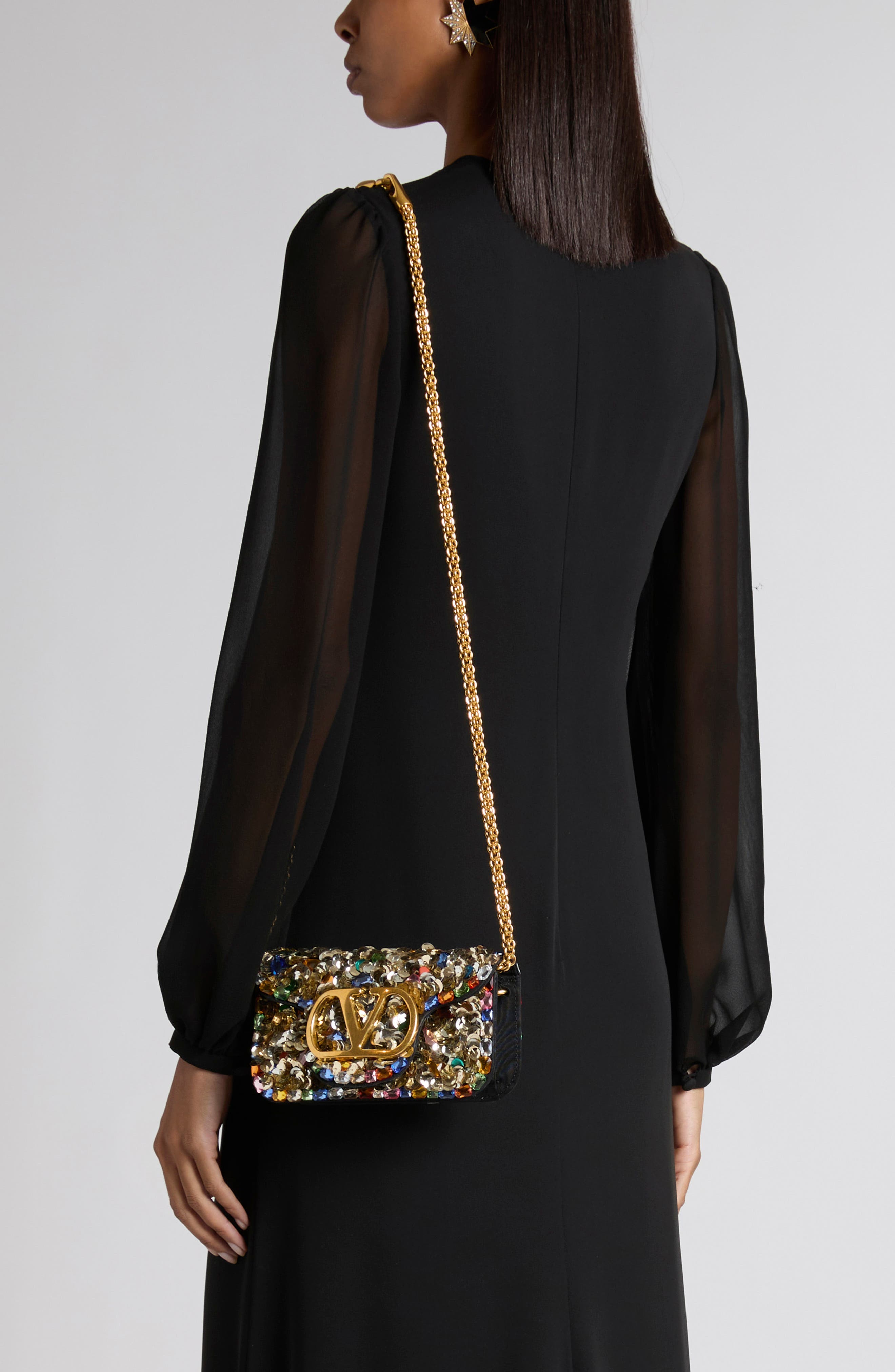 Valentino Garavani Small Locò VLOGO Paillette & Crystal Silk Satin Shoulder Bag, Alternate, color, Gold Multi