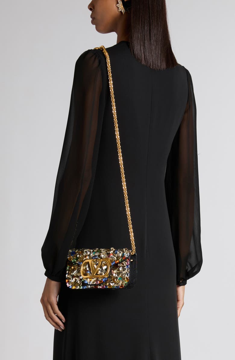 Valentino Garavani Small Locò VLOGO Paillette & Crystal Silk Satin Shoulder Bag, Alternate, color, Gold Multi