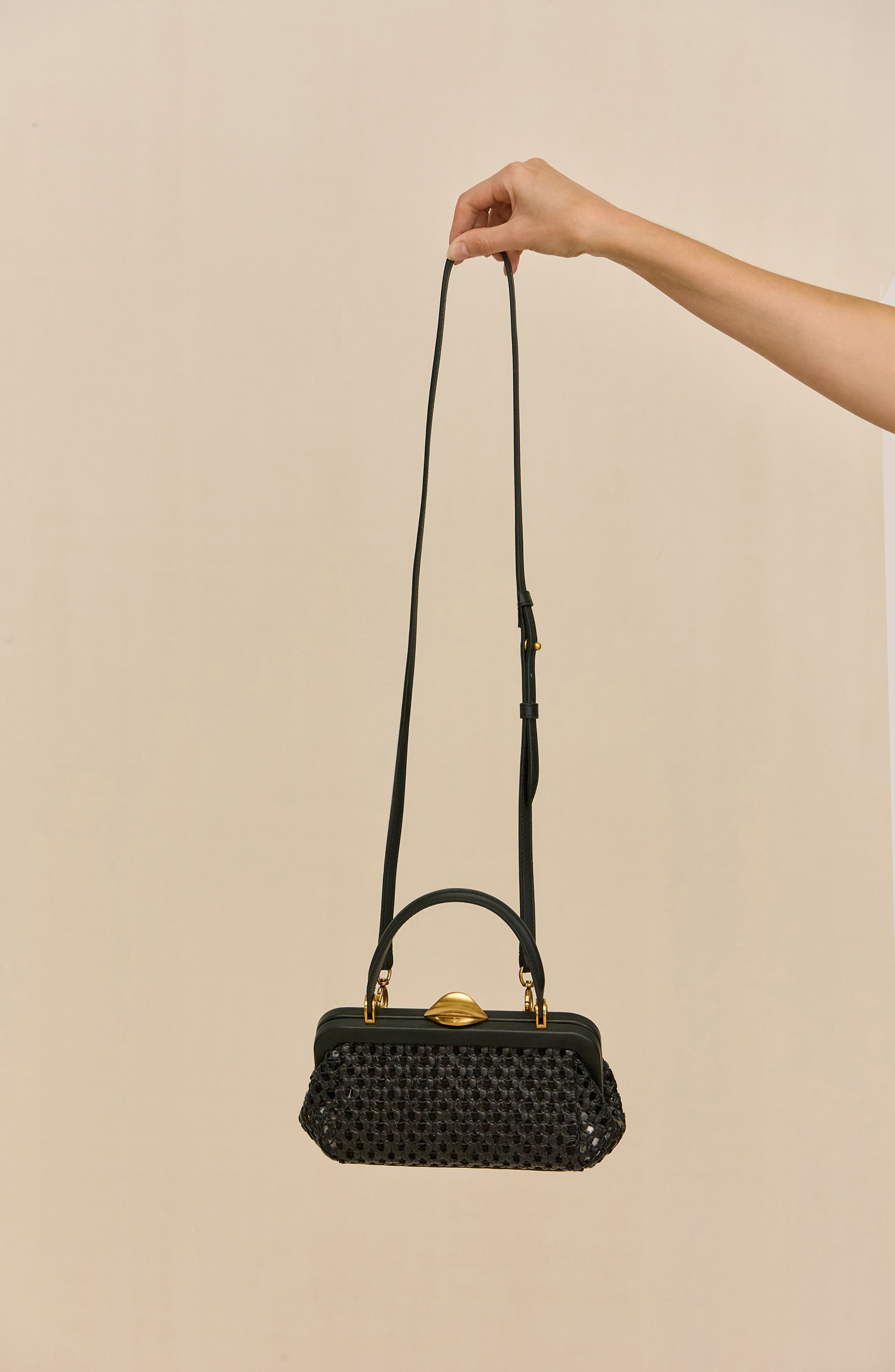 Cult Gaia Zuma Woven Frame Top Handle Bag, Alternate, color, Black