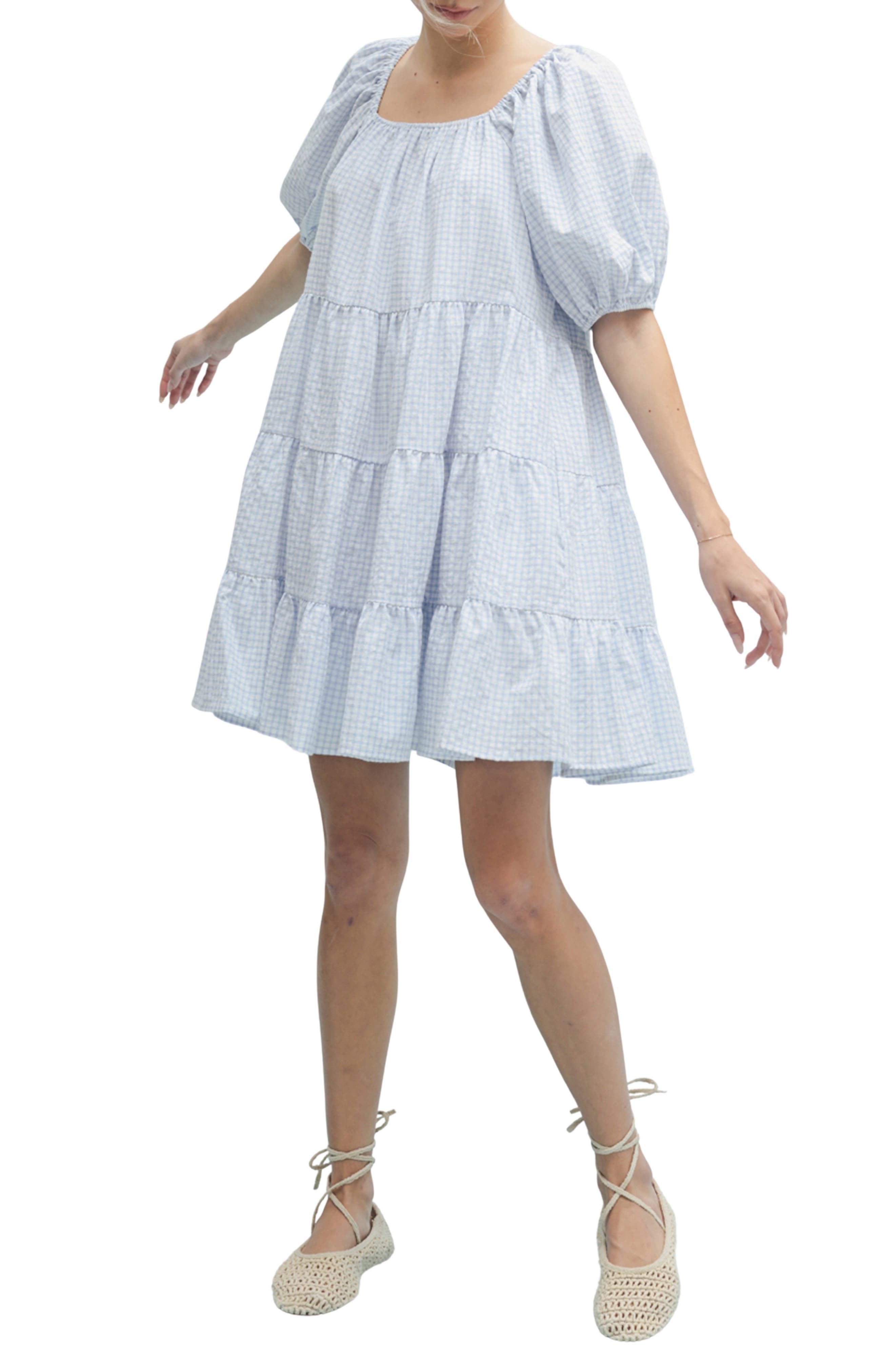 WISHLIST Plaid Puff Sleeve Cotton Blend Tiered Minidress