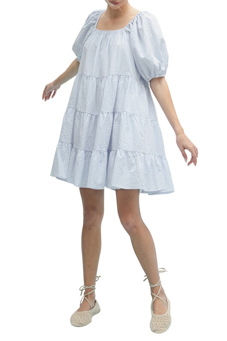 Plaid Puff Sleeve Cotton Blend Tiered Minidress, Main, color, OFF WHITE/ SKY