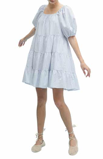 WISHLIST Plaid Puff Sleeve Cotton Blend Tiered Minidress