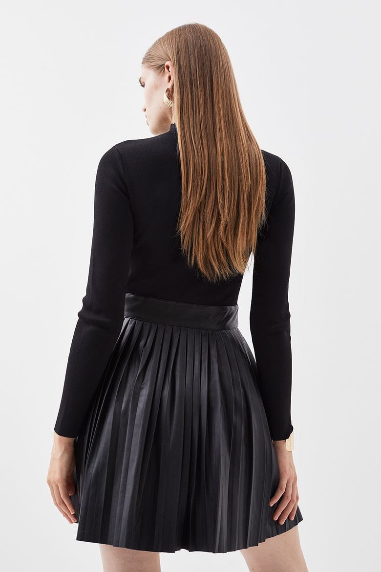 Knitted Top Pleated Skater Dress, Alternate, color, Black