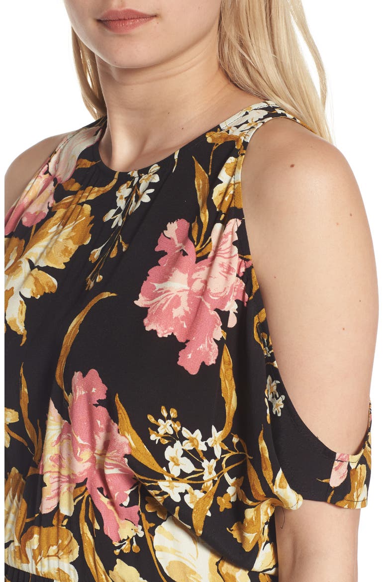 Cold Shoulder Midi Dress, Alternate, color, BLACK MIXED FLORAL