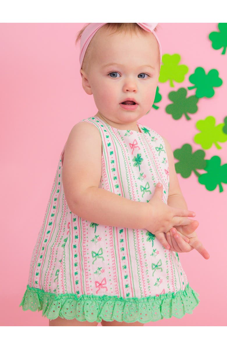 RuffleButts Cotton Gauze Swing Top and Bloomer Set, Alternate, color, Clover Bows 
Wishes