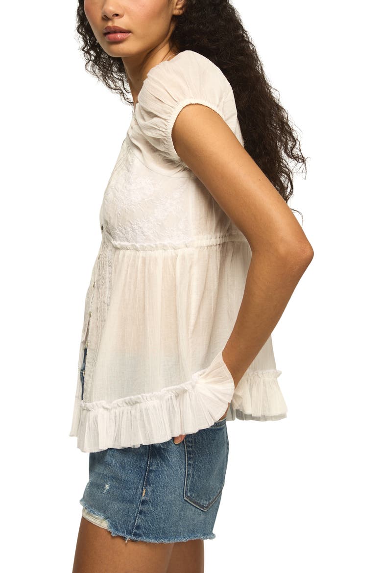 Pleated Lace Trim Plunge Neck Babydoll Top, Alternate, color, BRIGHT WHITE