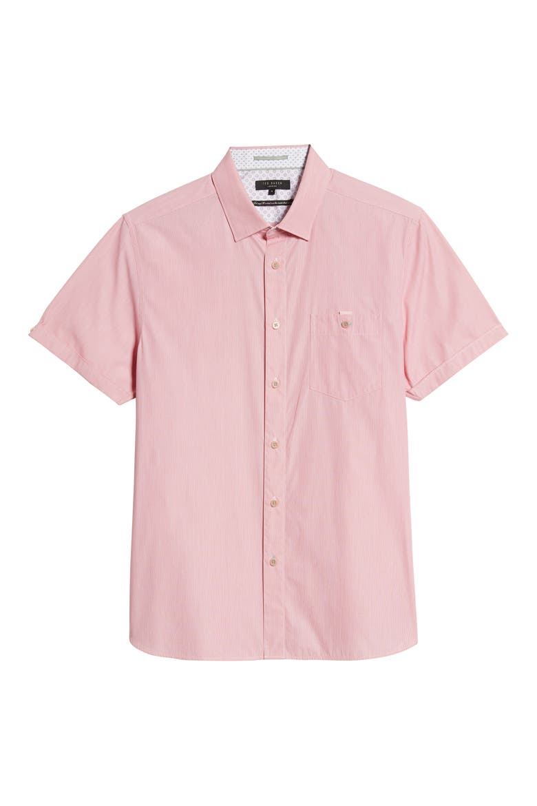 Sayhi Pinstripe Short Sleeve Button-Up Shirt, Alternate, color, RED