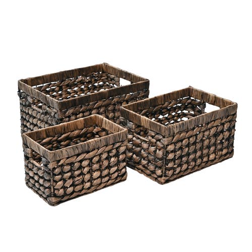 Happimess Hayden Bohemian Cottage Handwoven Hyacinth Rectangular Nesting Baskets With Handles, In Brown