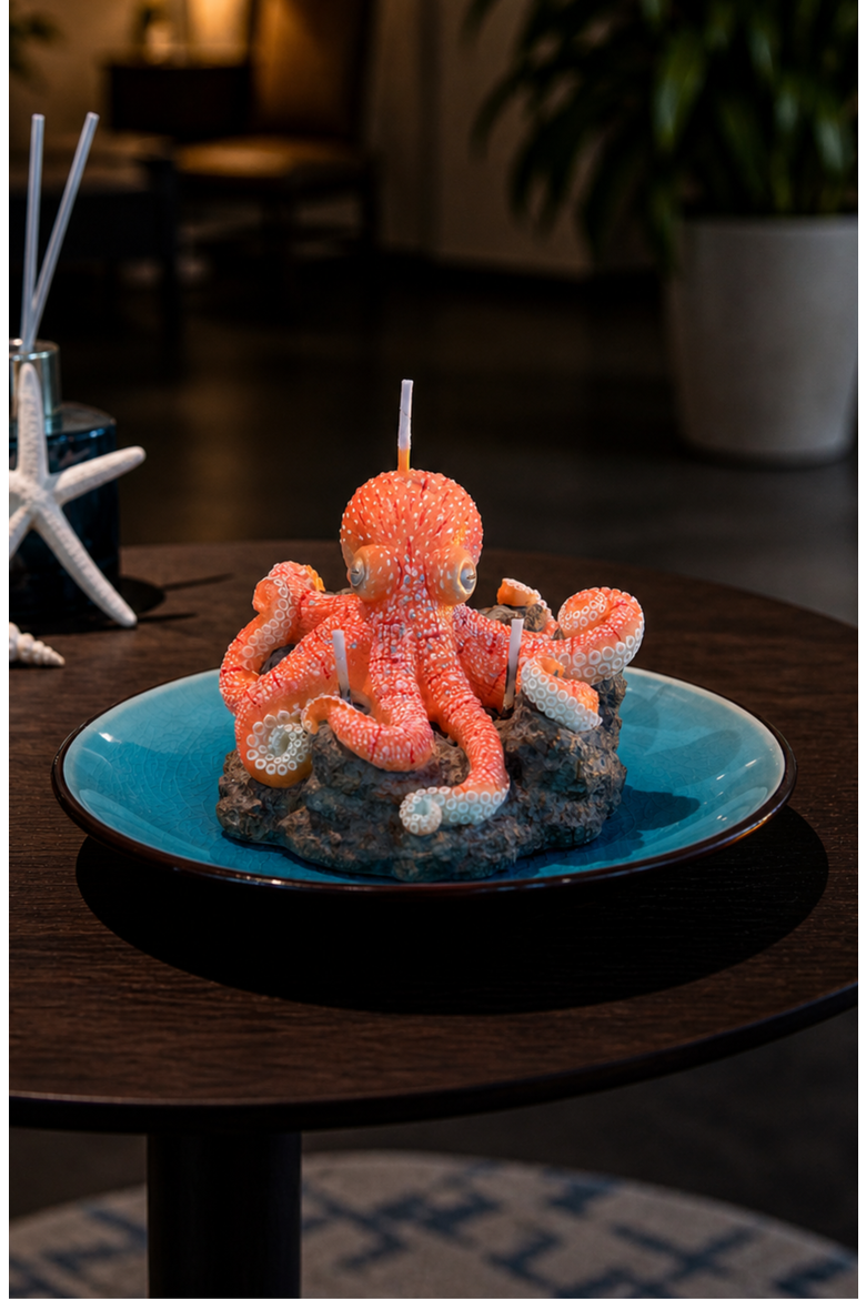 Octopus on Reef Candle, Alternate, color, Bright Coral / Turquoise