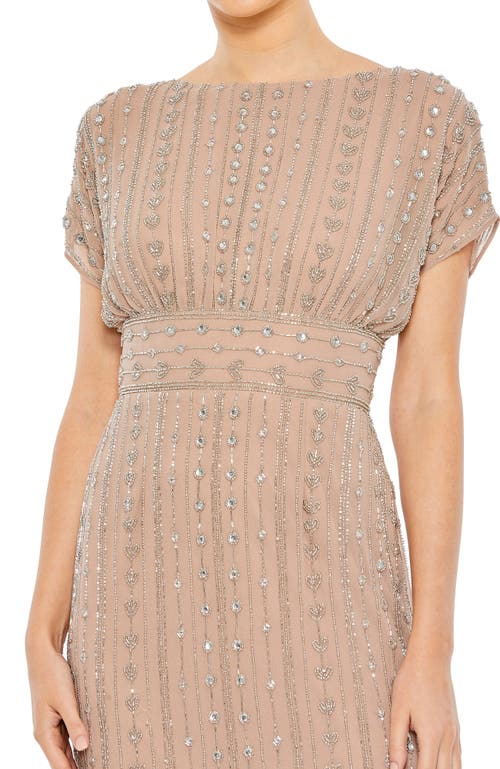 Mac Duggal Beaded Empire Waist Column Midi Cocktail Dress In Dark Mocha