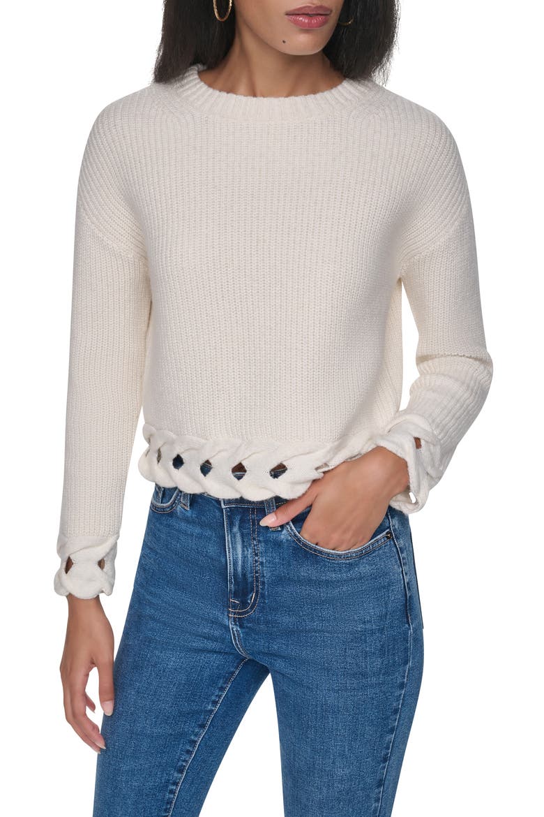 Cable Hem Crewneck Sweater, Main, color, IVORY